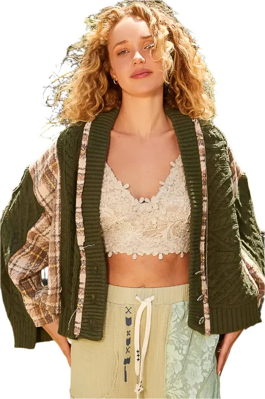 POL Cable-Knit Plaid V-Neck Button Up Cardigan