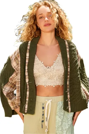 POL Cable-Knit Plaid V-Neck Button Up Cardigan