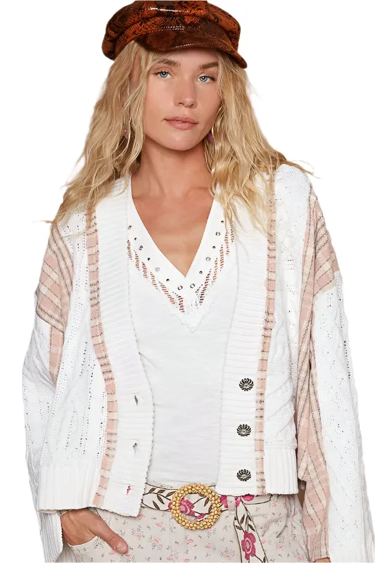 POL Cable-Knit Plaid V-Neck Button Up Cardigan