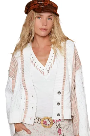 POL Cable-Knit Plaid V-Neck Button Up Cardigan