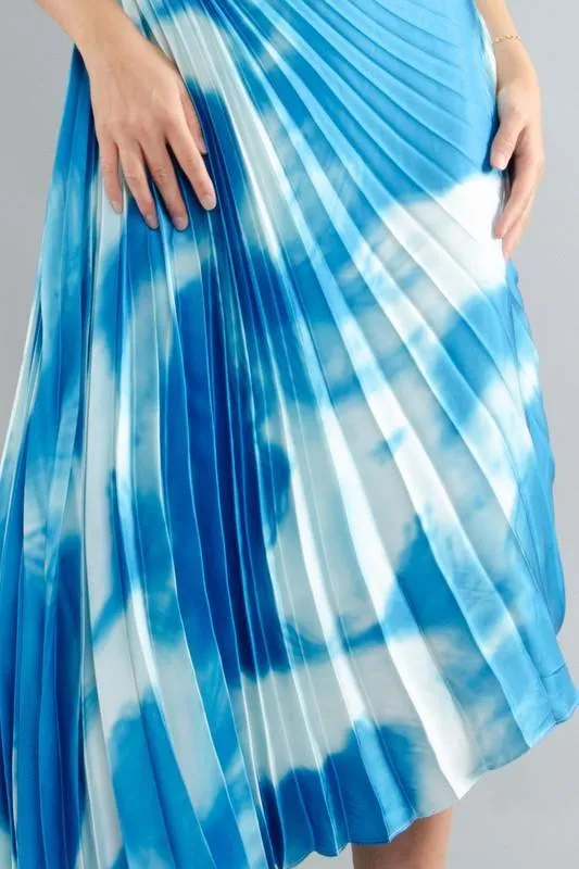 PRINT SLASH SHOULDER SLEEVELESS PLEATED DRESS