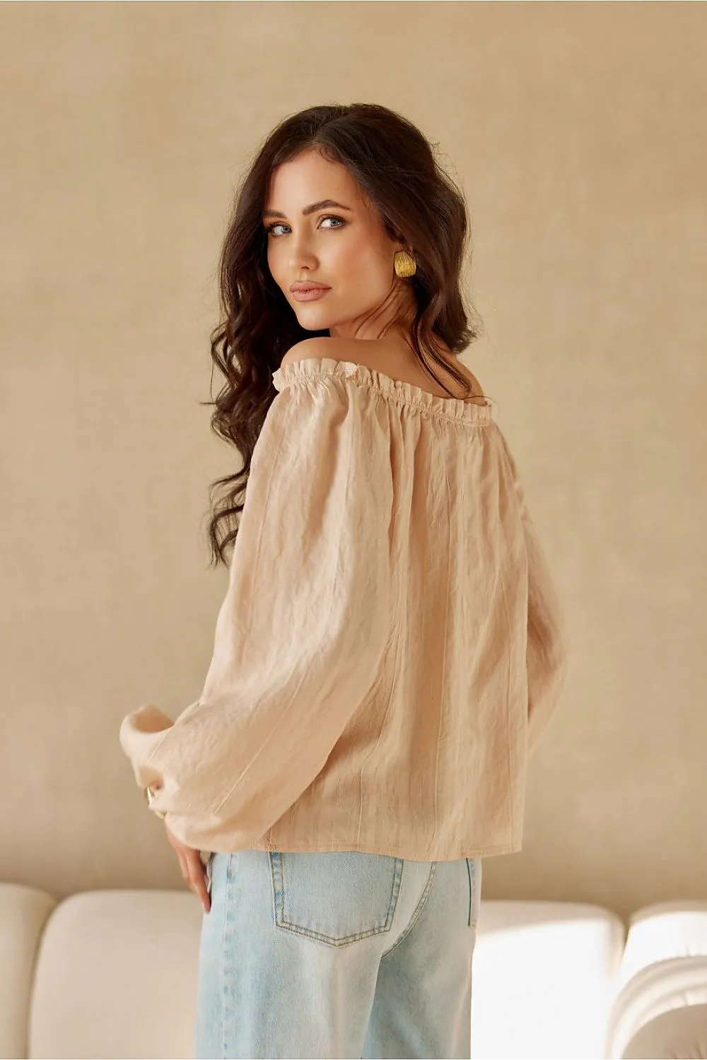 Puffy Sleeve Adjustable Neck Blouse