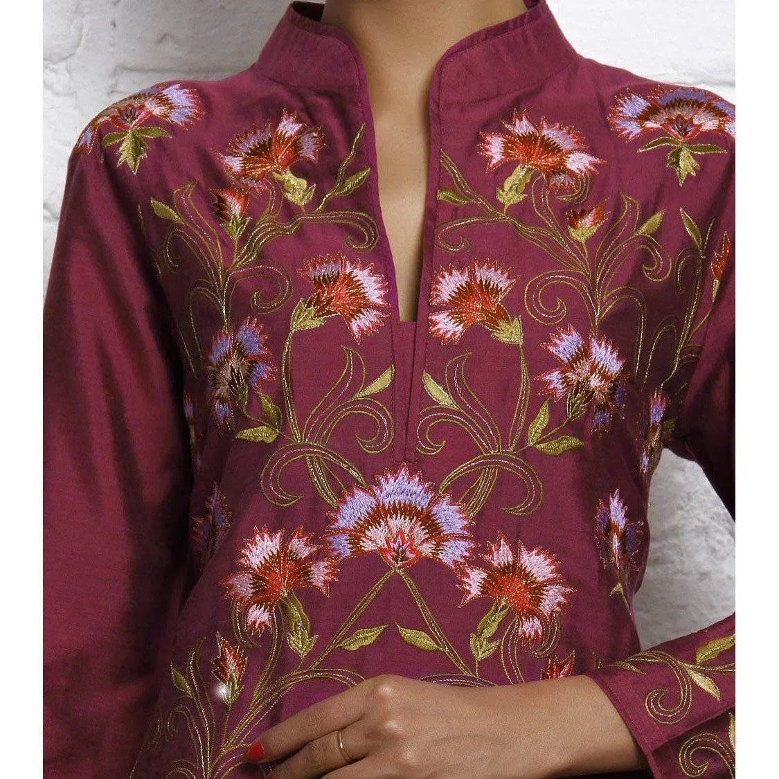 Purple Embroidered Katan Silk Kurta