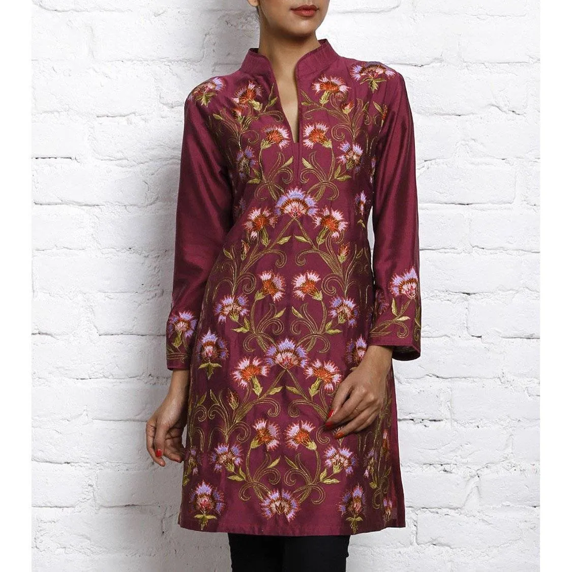 Purple Embroidered Katan Silk Kurta