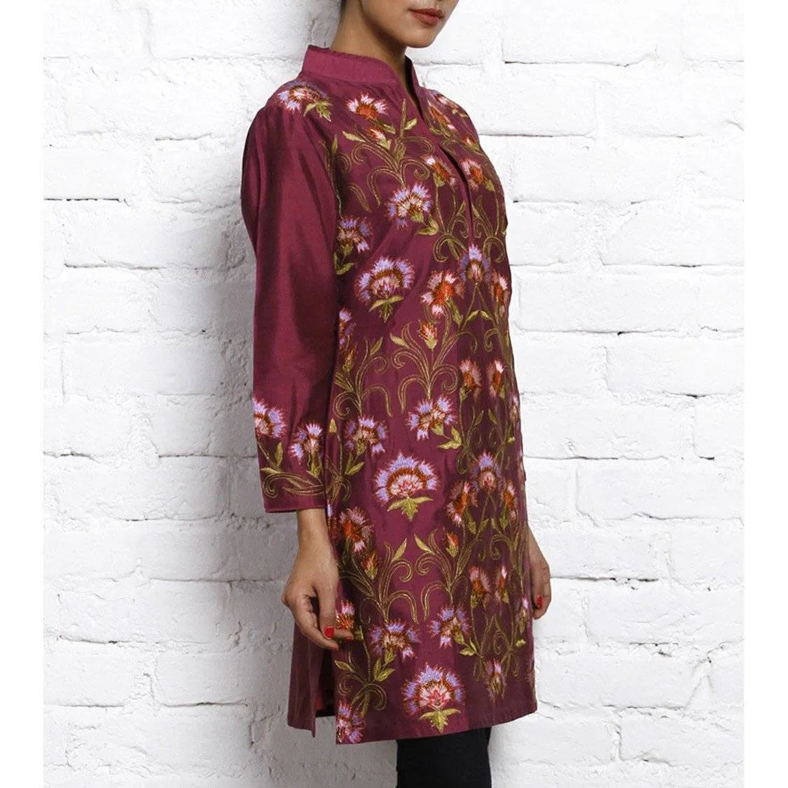 Purple Embroidered Katan Silk Kurta