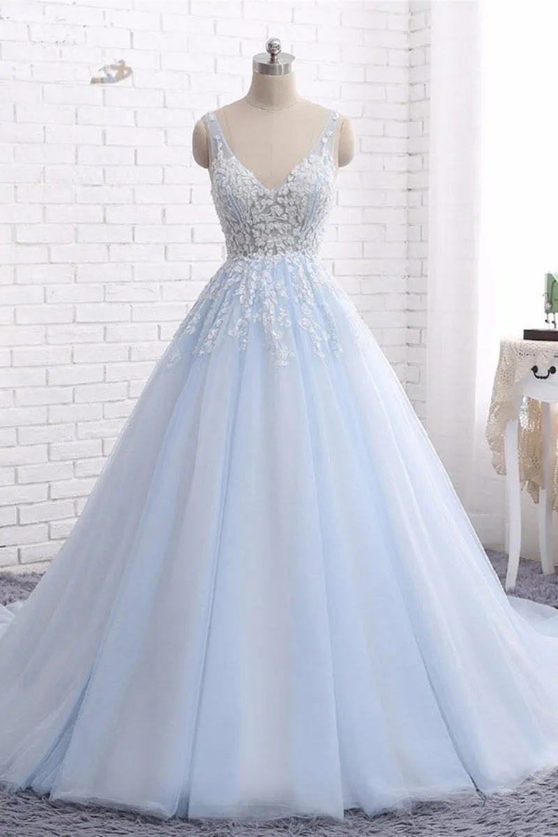 Quinceanera Dresses Ball Gown Chapel Train V Neck Sleeveless Backless Appliques Prom Dresses
