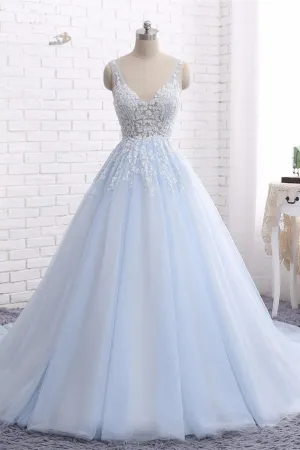 Quinceanera Dresses Ball Gown Chapel Train V Neck Sleeveless Backless Appliques Prom Dresses