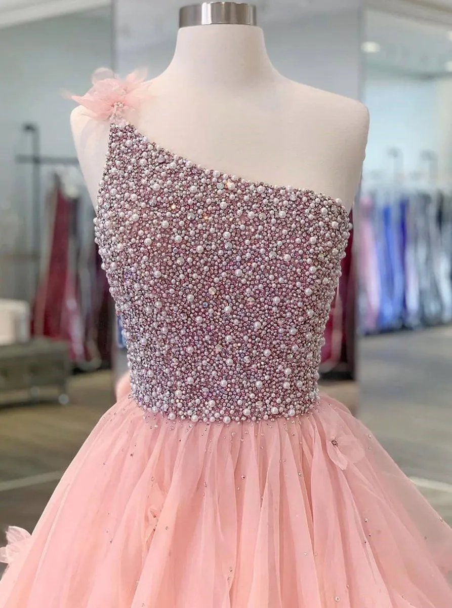 Quinceanera Dresses Ball Gown Long Prom Dresses One Shoulder Zipper up Beads