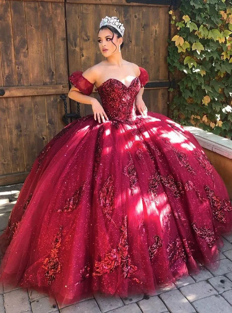 Quinceanera Dresses Off Shoulder Tulle Lace Long Prom Dresses Sweet Dresses