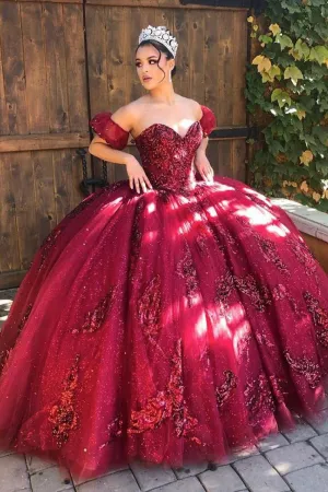 Quinceanera Dresses Off Shoulder Tulle Lace Long Prom Dresses Sweet Dresses