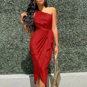 Red One Shoulder Wrap Midi Dress
