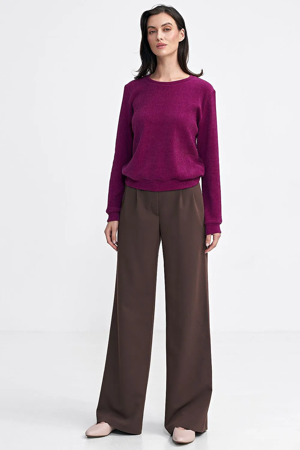 Ribbed Hem Elegance Long Sleeve Blouse