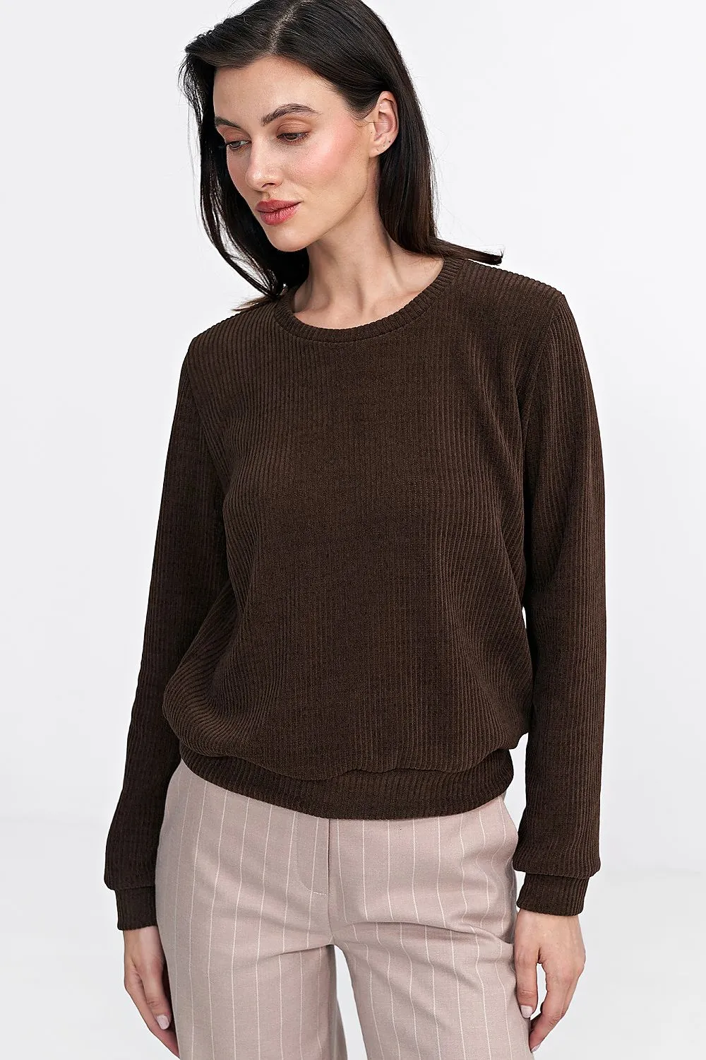Ribbed Hem Elegance Long Sleeve Blouse