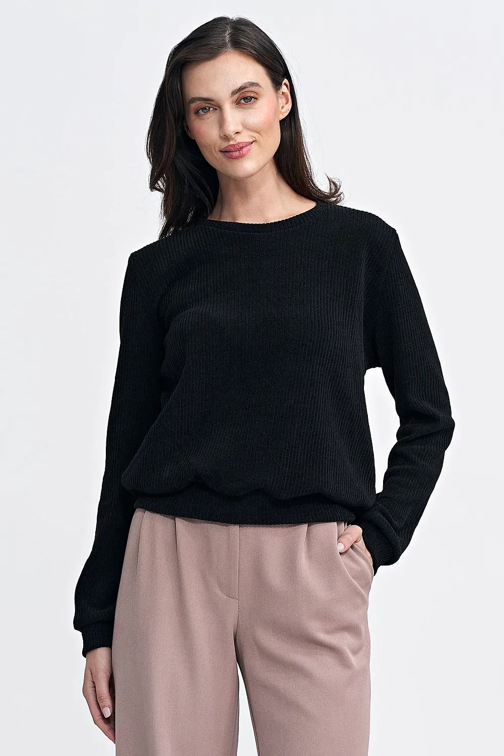 Ribbed Hem Elegance Long Sleeve Blouse