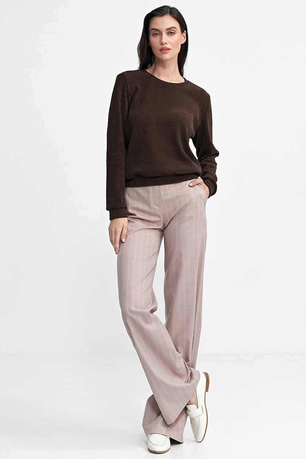 Ribbed Hem Elegance Long Sleeve Blouse