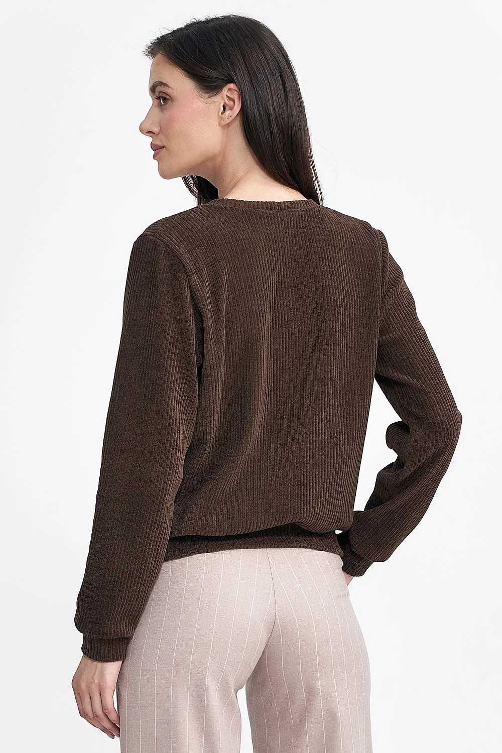 Ribbed Hem Elegance Long Sleeve Blouse