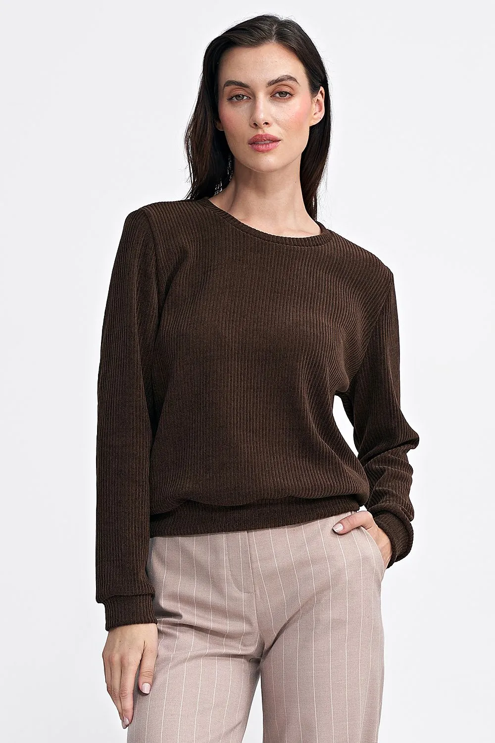 Ribbed Hem Elegance Long Sleeve Blouse