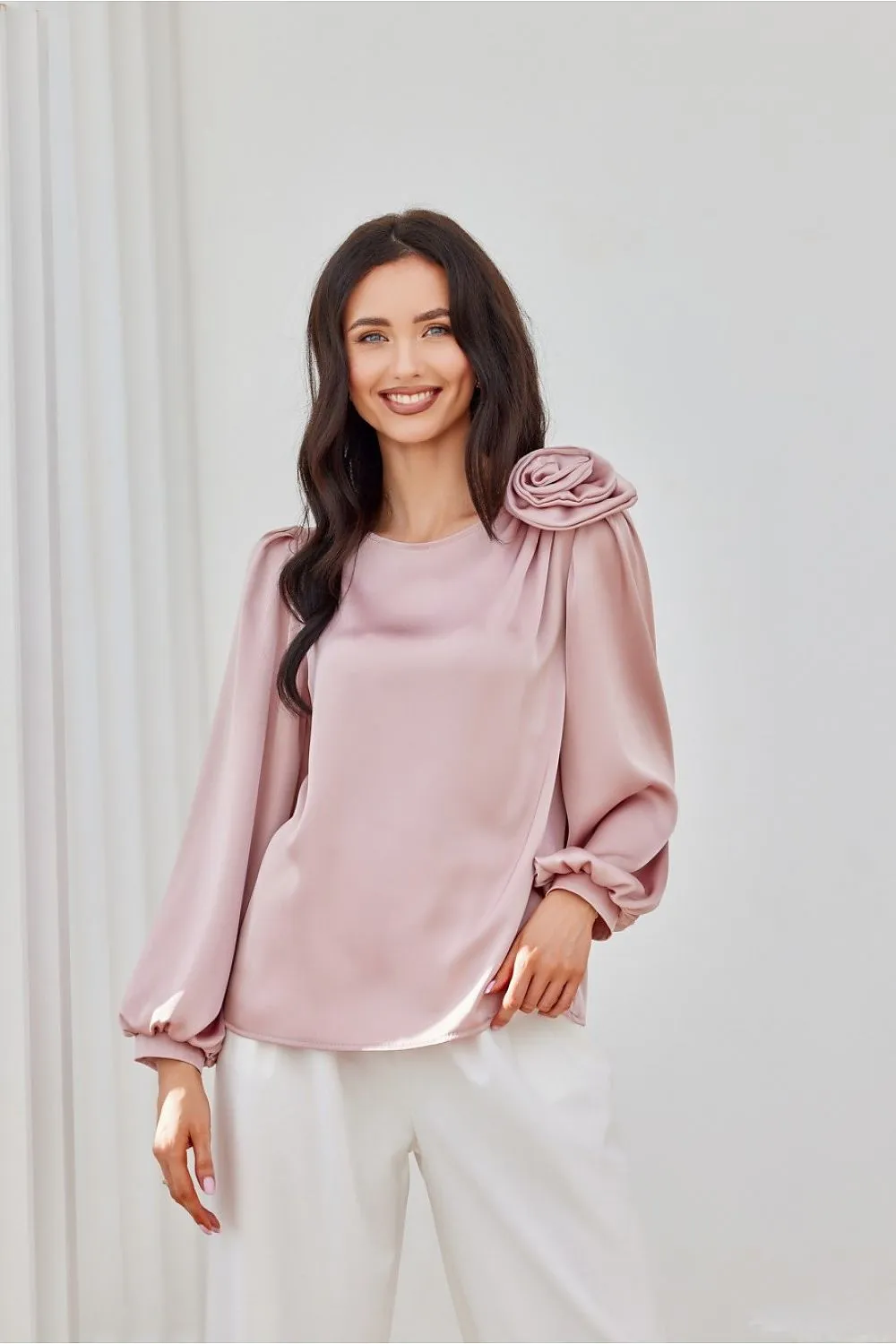 Rose-Adorned Puff Sleeve Blouse
