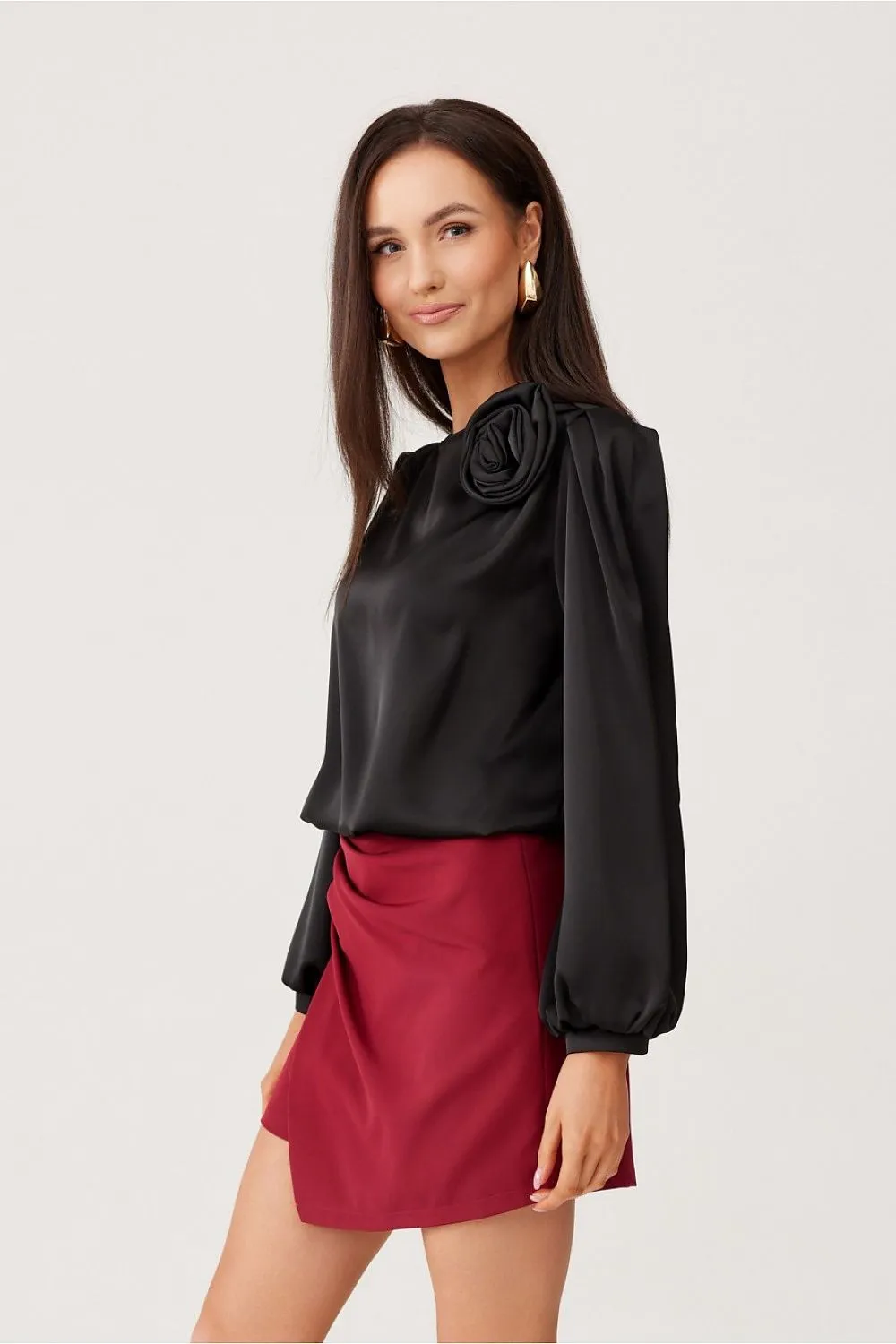 Rose-Adorned Puff Sleeve Blouse