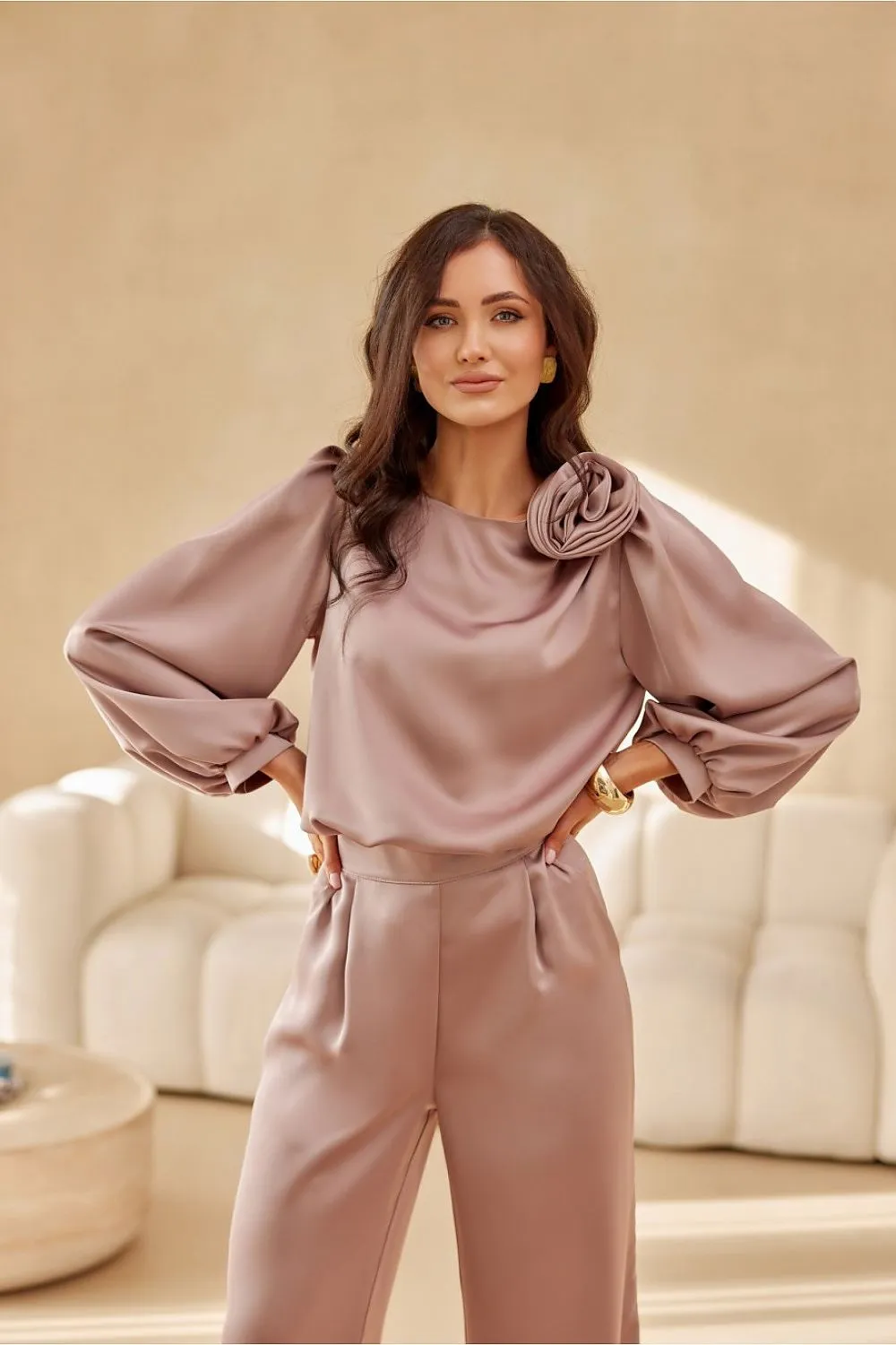 Rose-Adorned Puff Sleeve Blouse