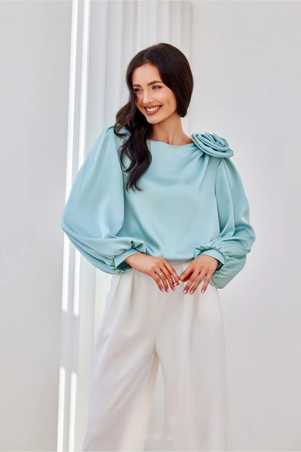 Rose-Adorned Puff Sleeve Blouse
