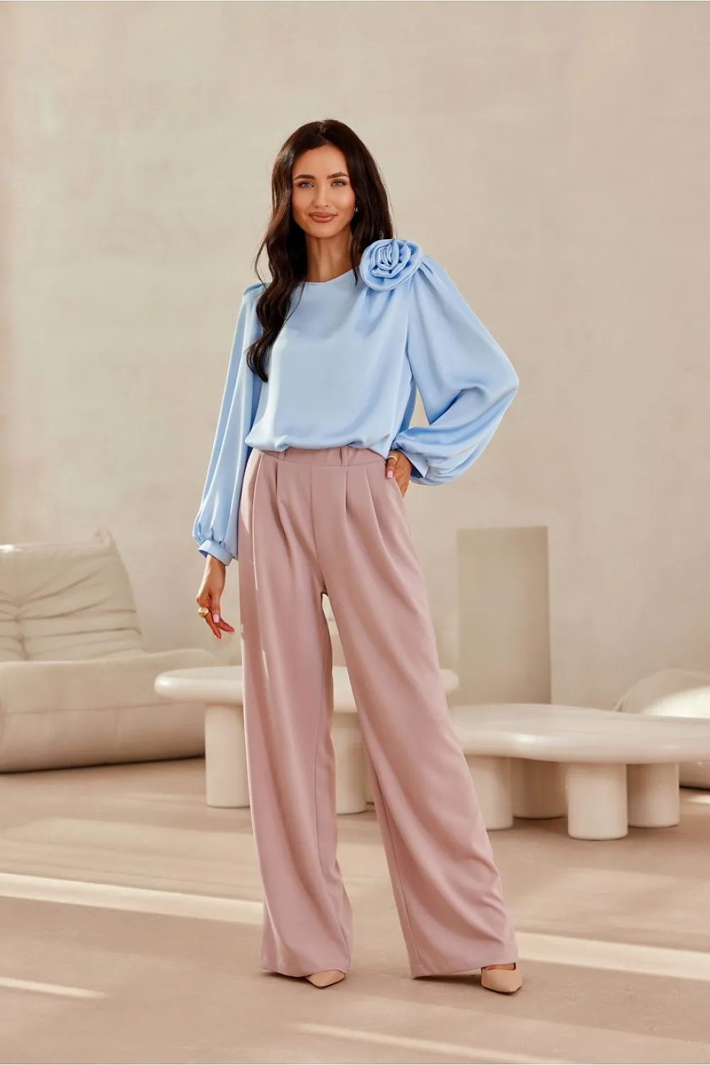 Rose-Adorned Puff Sleeve Blouse
