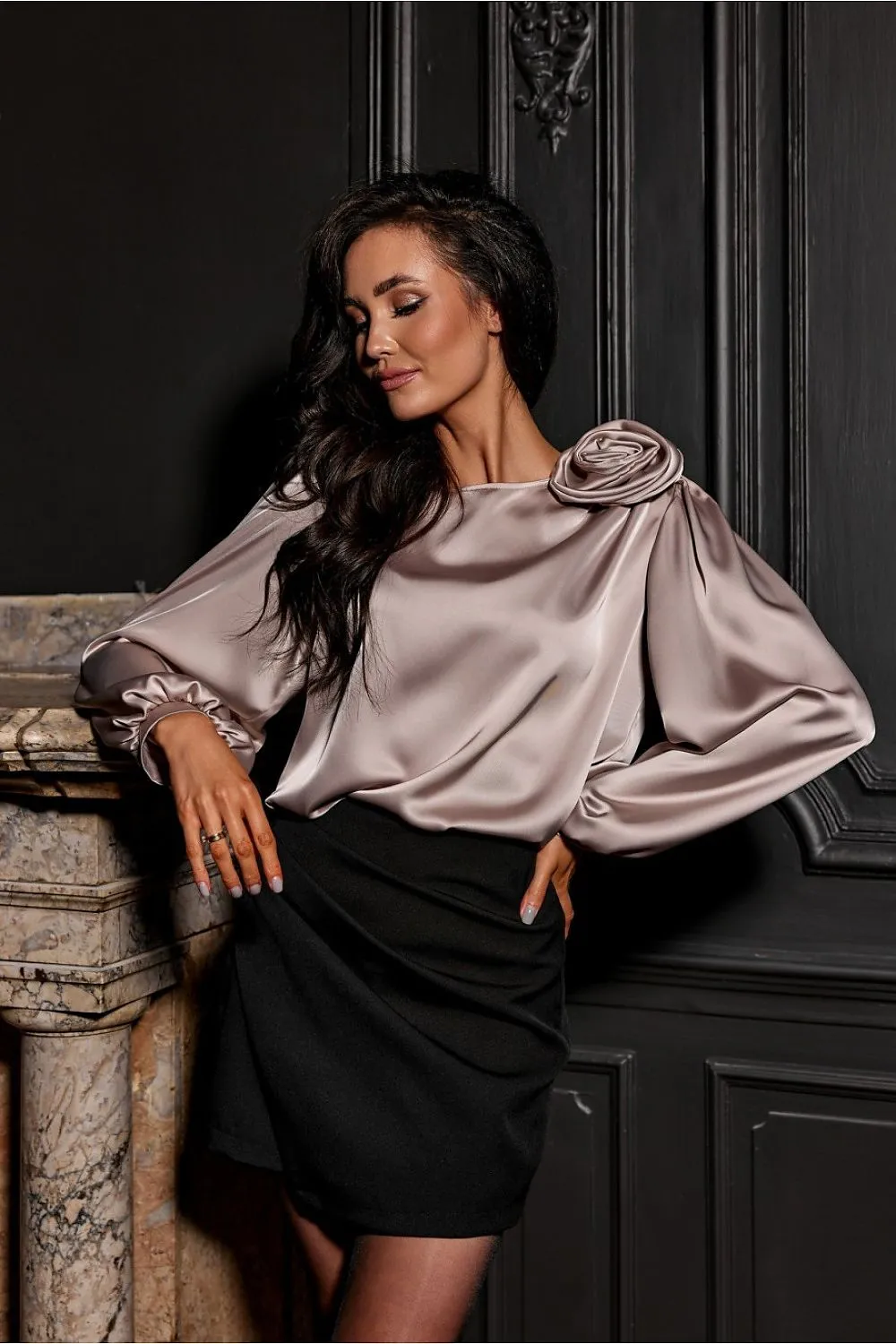 Rose-Adorned Puff Sleeve Blouse
