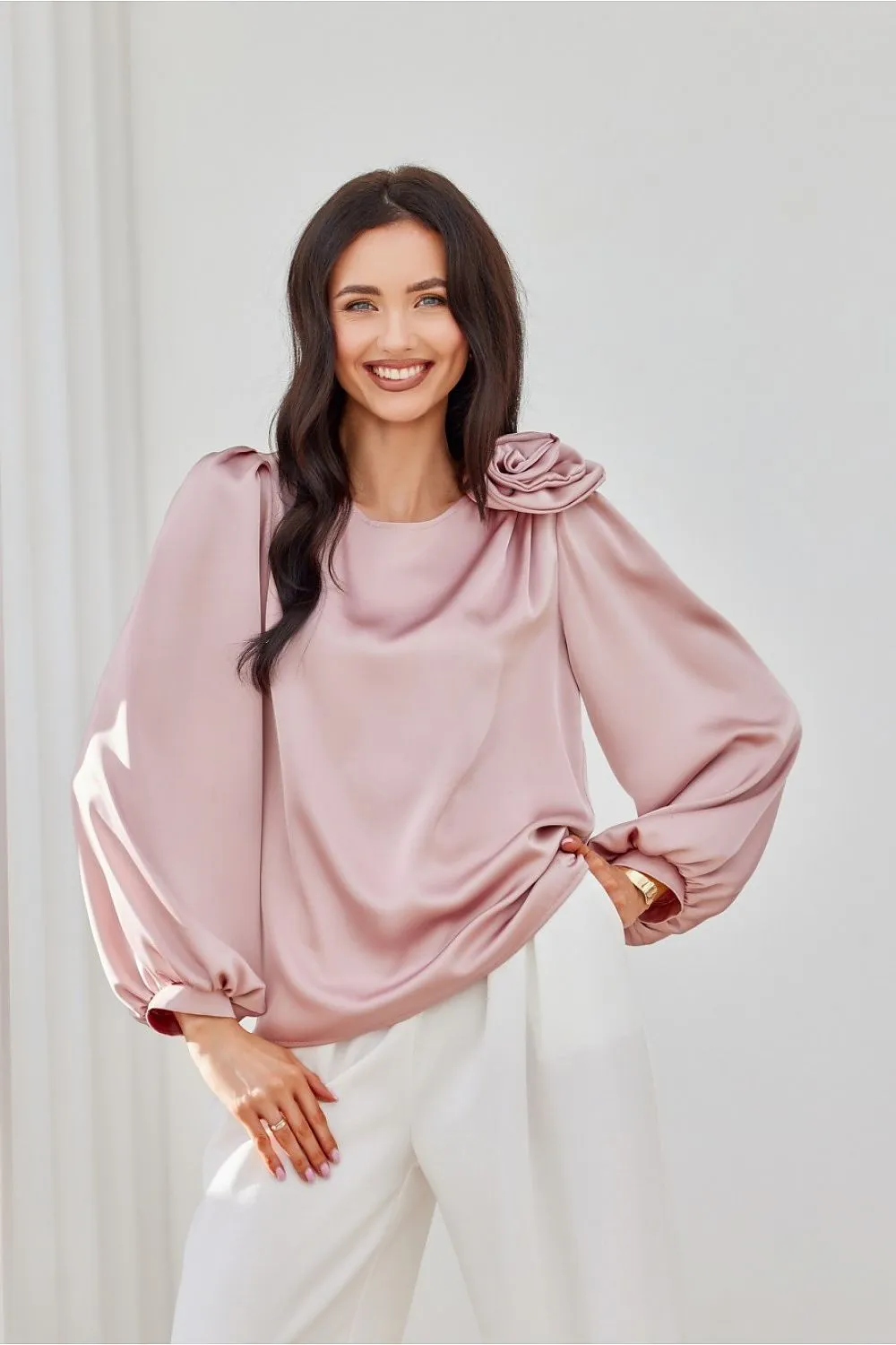 Rose-Adorned Puff Sleeve Blouse