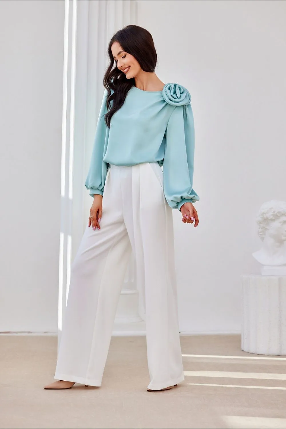 Rose-Adorned Puff Sleeve Blouse