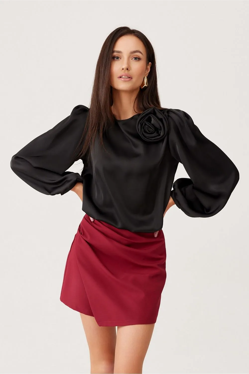 Rose-Adorned Puff Sleeve Blouse
