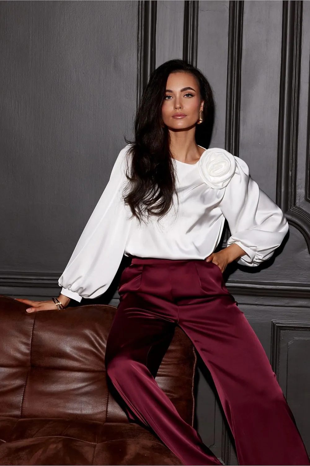Rose-Adorned Puff Sleeve Blouse