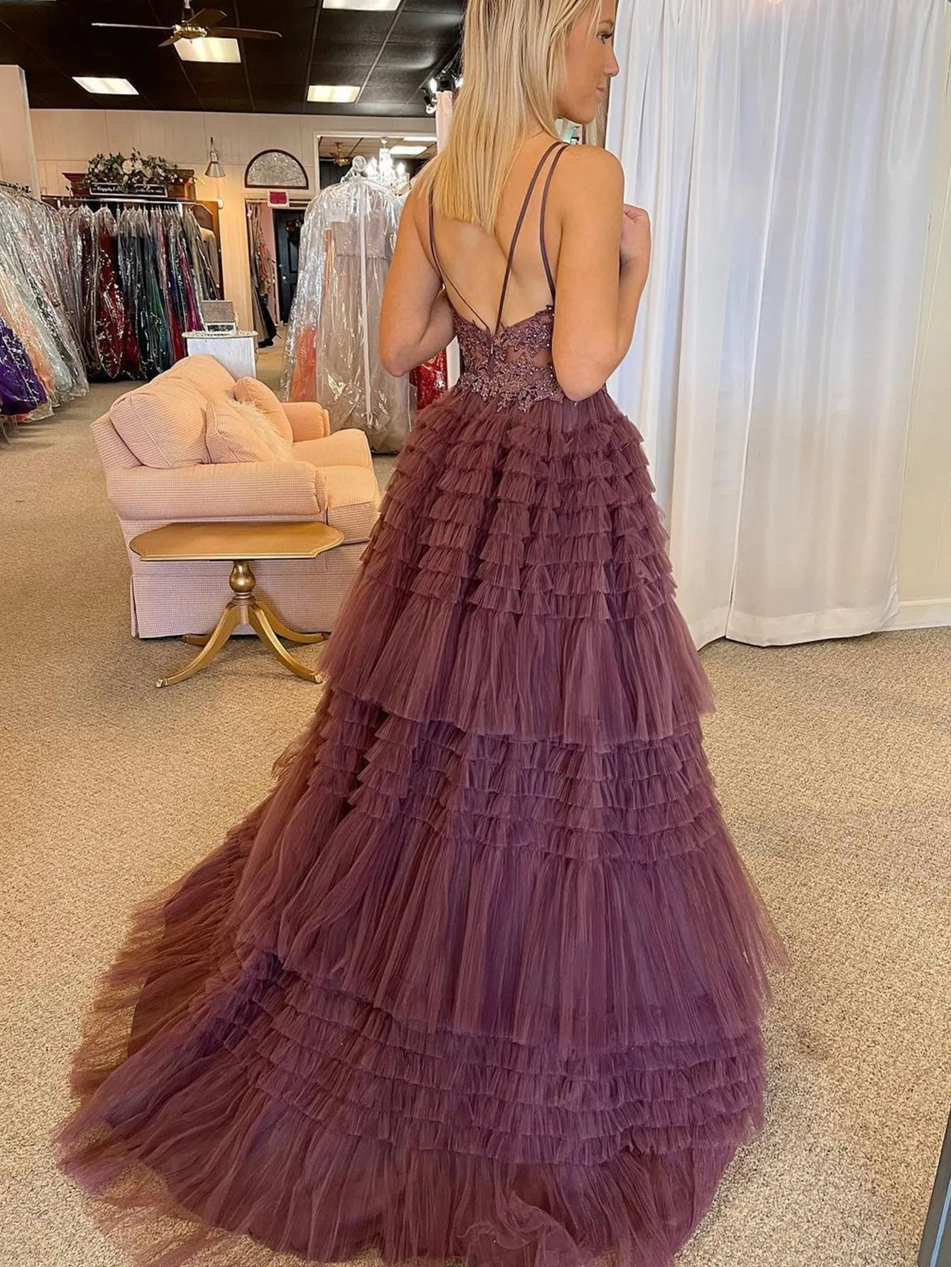 Roycebridal Black V Neck Asymmetrical Tulle Long Prom Dress