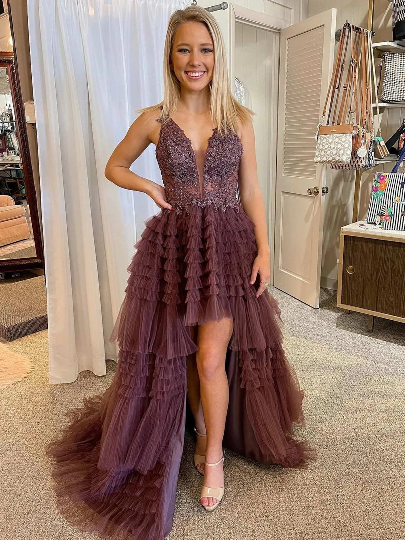Roycebridal Black V Neck Asymmetrical Tulle Long Prom Dress