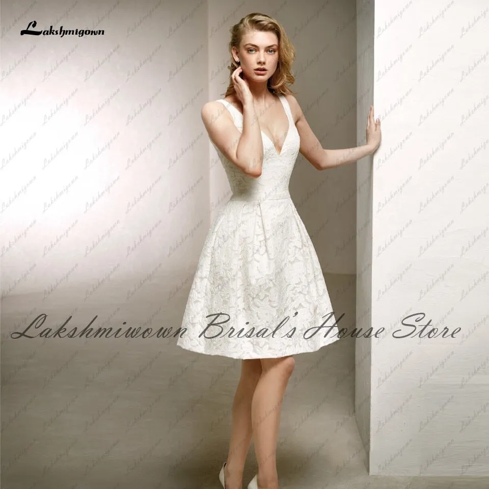 Roycebridal Lakshmigown Clasic Lace Short Wedding Dress V neck 2021 Summer Vestidos de Novia Corto Sexy Bridal Receipt Wedding Party Gown