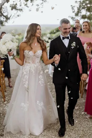 Roycebridal Tulle A-line Sweetheart Sleeveless Lace Appliques Boho Wedding Dresses, MW1026