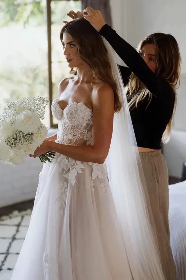 Roycebridal Tulle A-line Sweetheart Sleeveless Lace Appliques Boho Wedding Dresses, MW1026