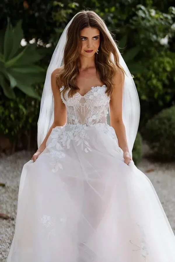 Roycebridal Tulle A-line Sweetheart Sleeveless Lace Appliques Boho Wedding Dresses, MW1026