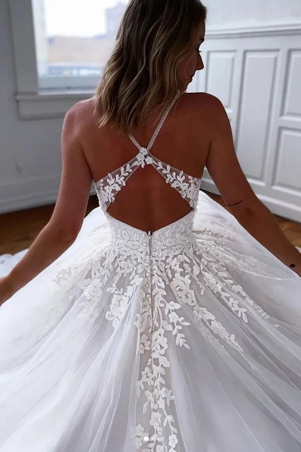 Roycebridal Tulle Lace A-line V-neck Spaghetti Straps Open Back Wedding Dresses, MW656