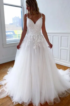Roycebridal Tulle Lace A-line V-neck Spaghetti Straps Open Back Wedding Dresses, MW656