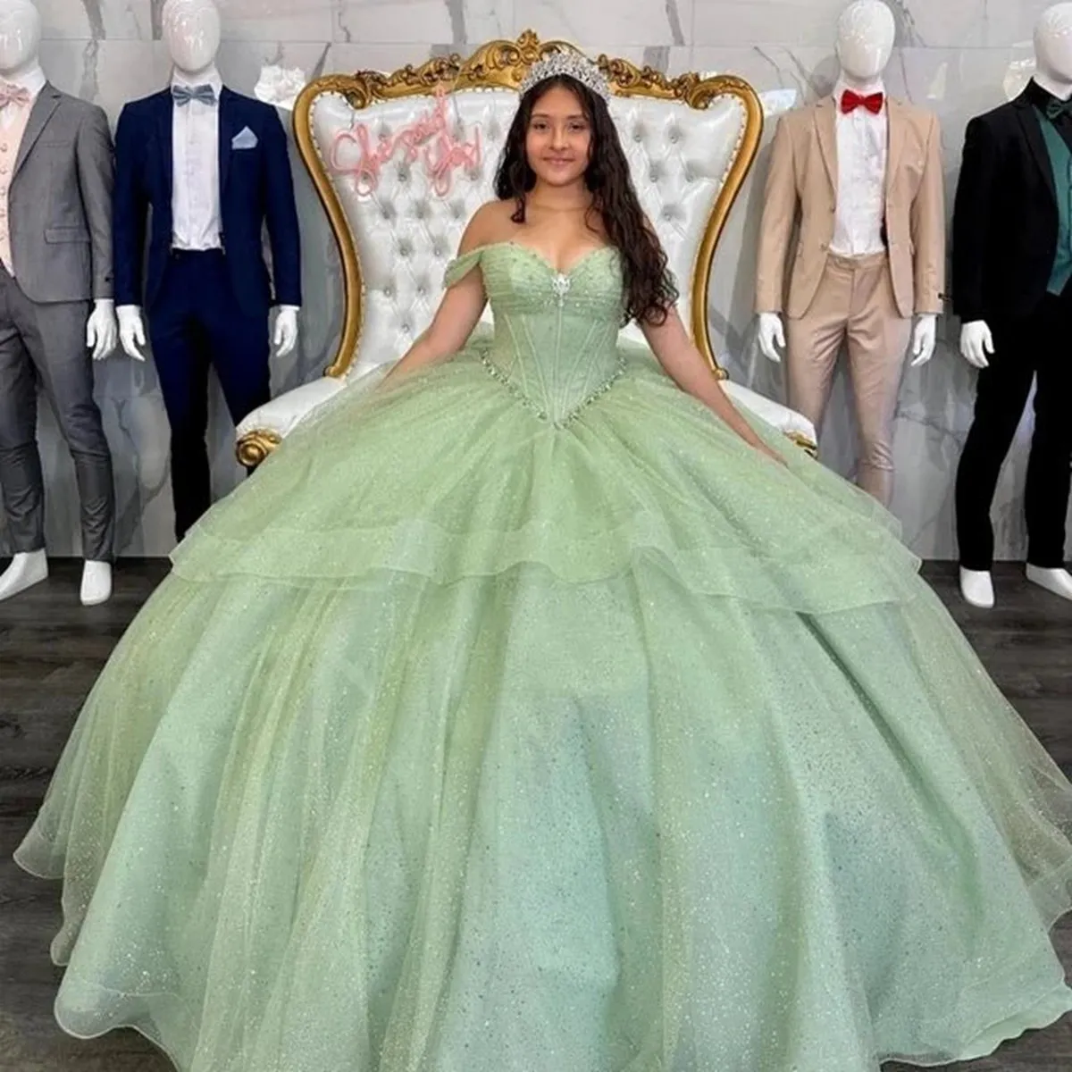 Sage Quinceanera Dresses Off-Shoulder Corset Dresses