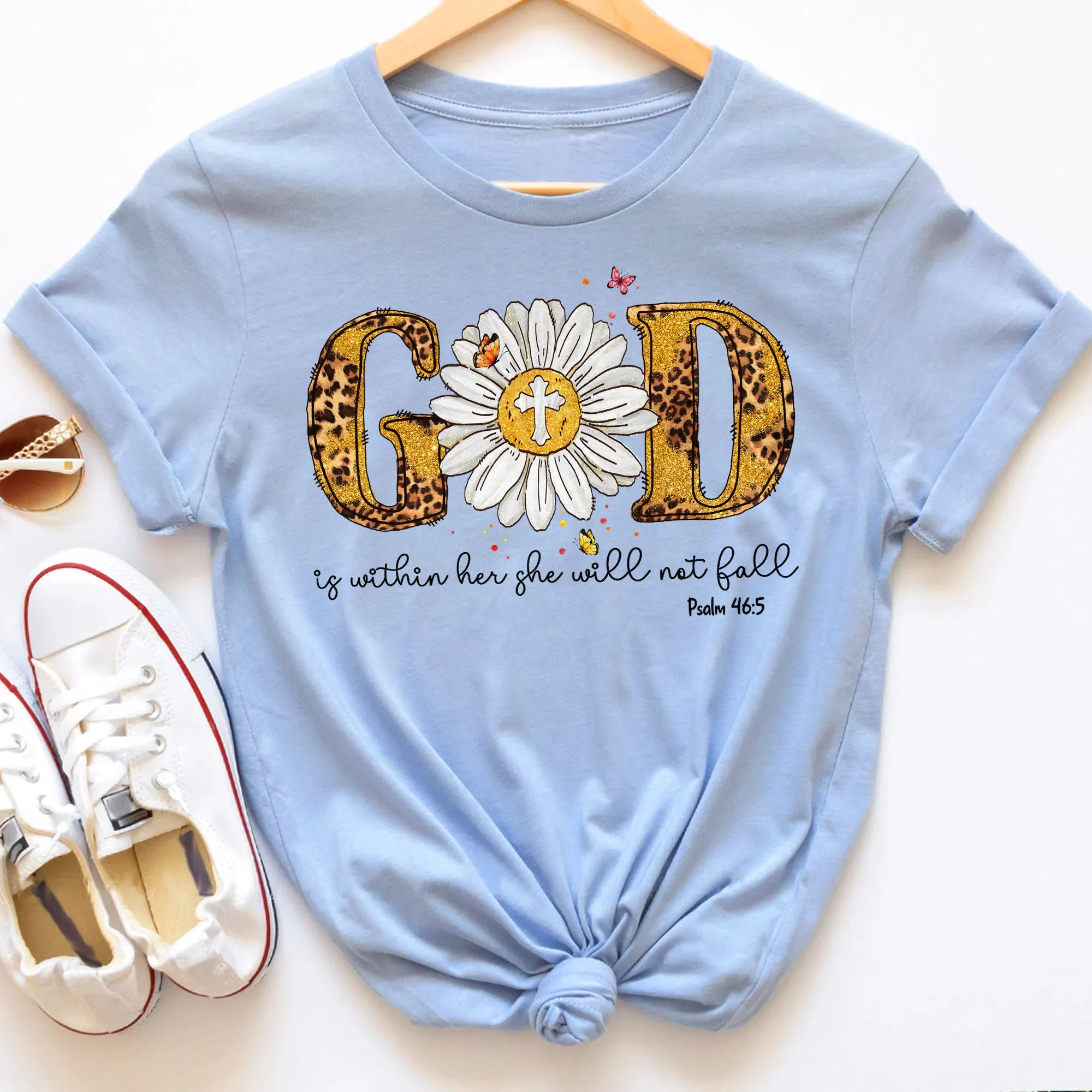 Sandjest Christian T-Shirt God Is Within Her She Will Not Fall Leopard Style Gift for Jesus Lover Bible Lovers