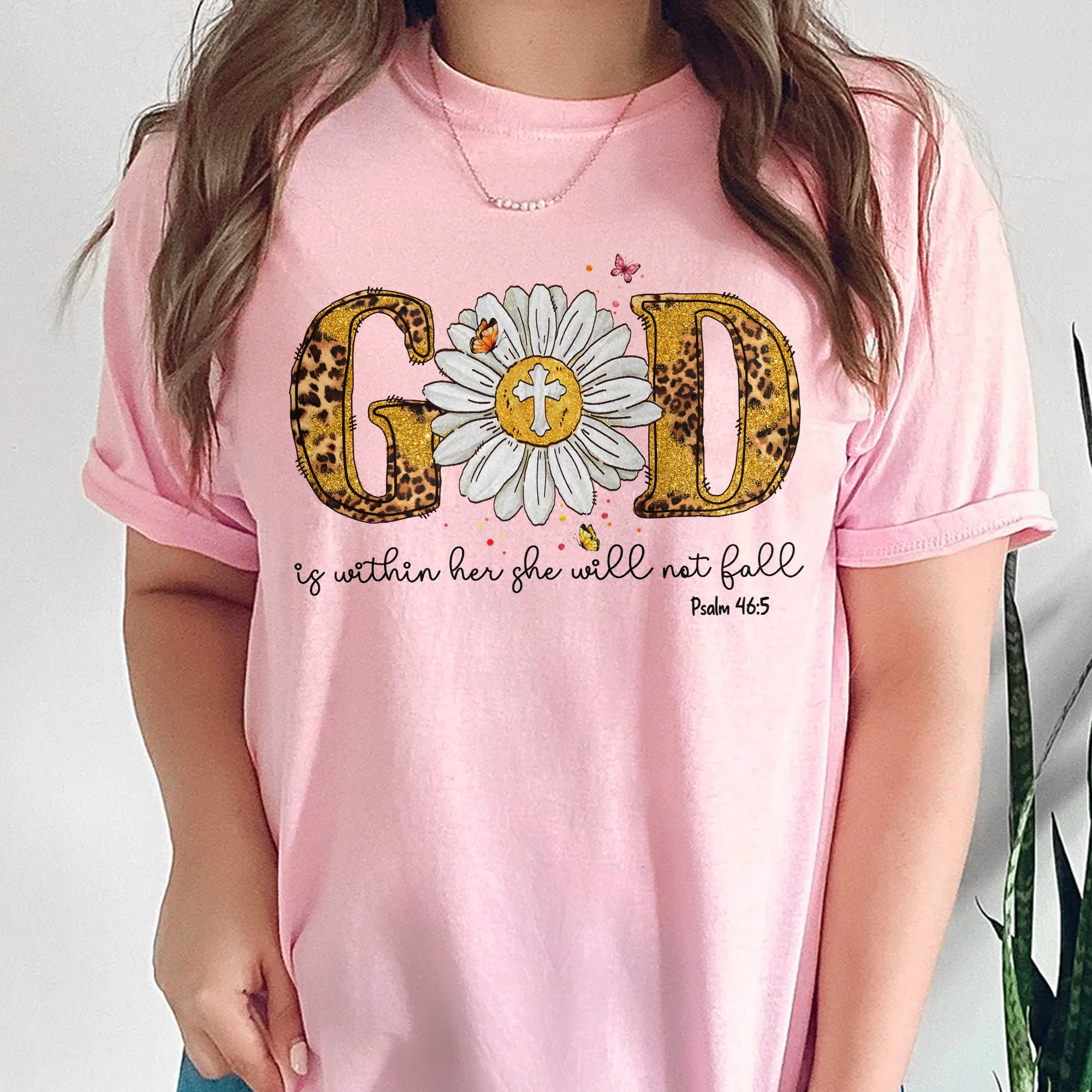 Sandjest Christian T-Shirt God Is Within Her She Will Not Fall Leopard Style Gift for Jesus Lover Bible Lovers
