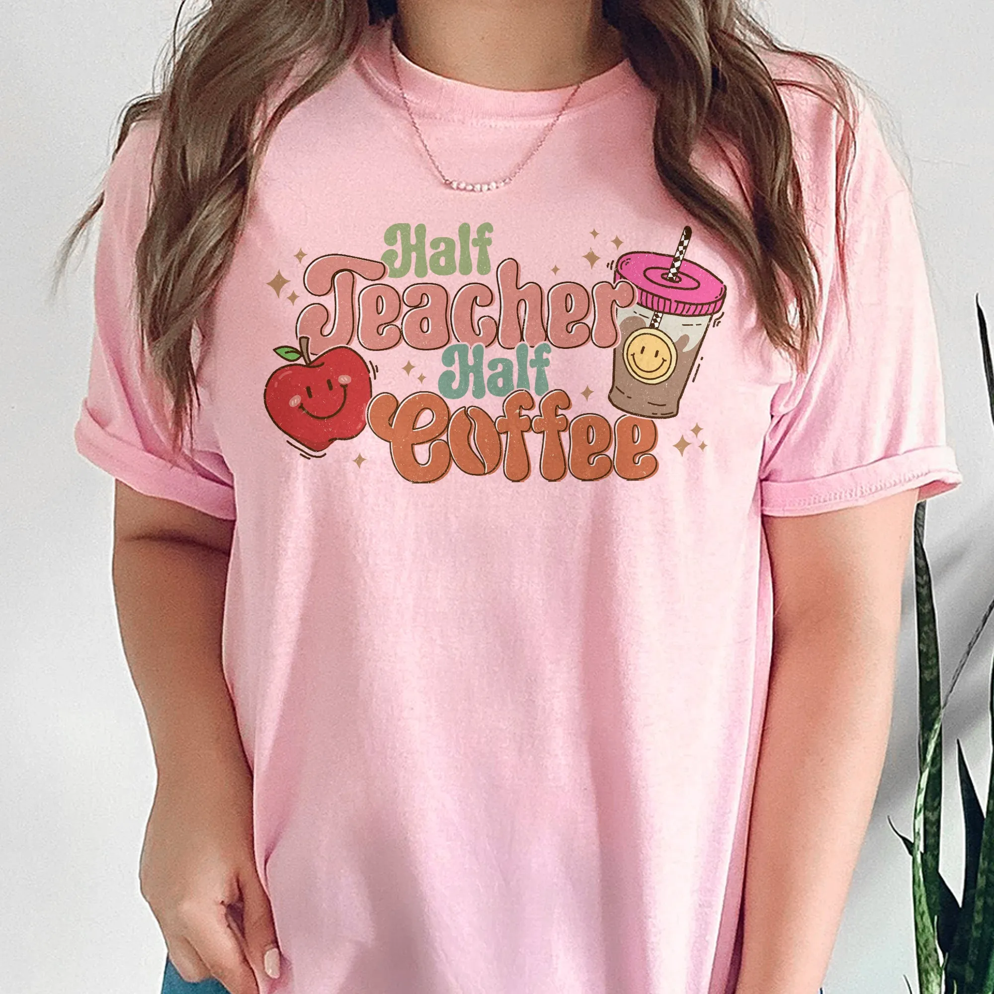 Sandjest Teacher T-Shirt Half Teacher Half Coffee Gift for Teachers Coffee Lovers Professors