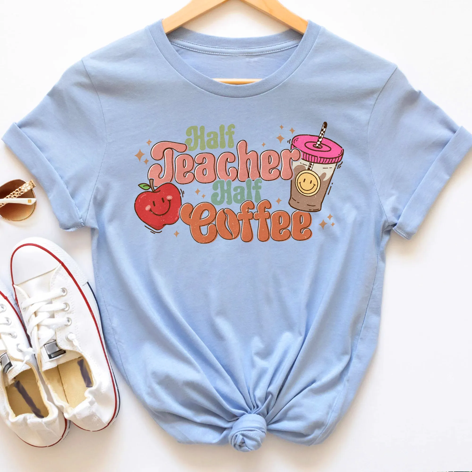 Sandjest Teacher T-Shirt Half Teacher Half Coffee Gift for Teachers Coffee Lovers Professors