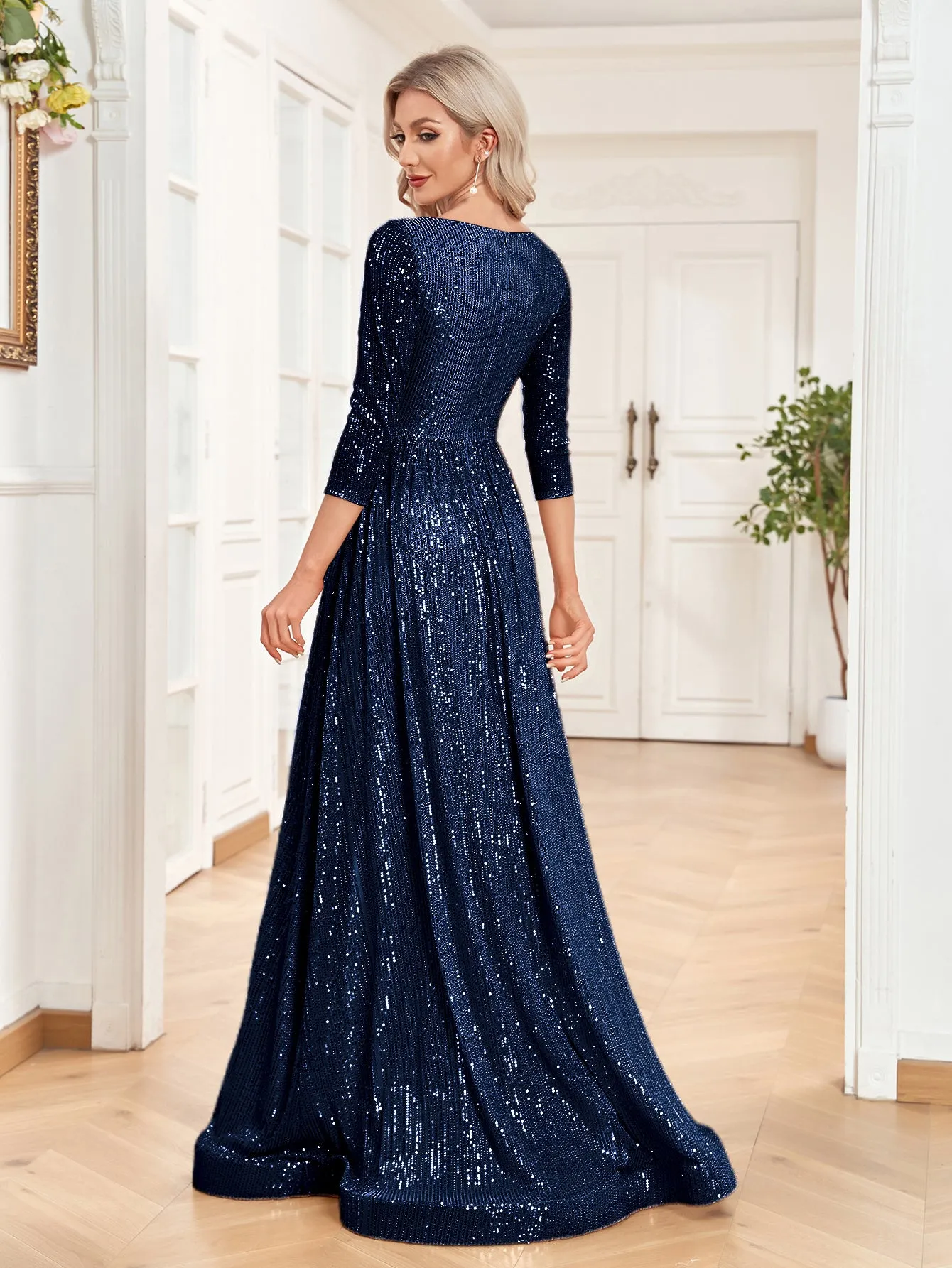 Sequin V-Neck Long Sleeveless A-Line Floor Length Navy Blue Prom/Evening Dress