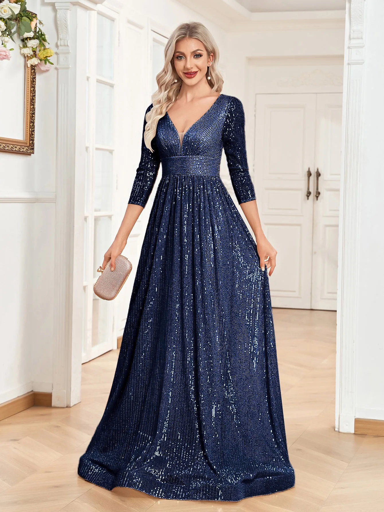 Sequin V-Neck Long Sleeveless A-Line Floor Length Navy Blue Prom/Evening Dress