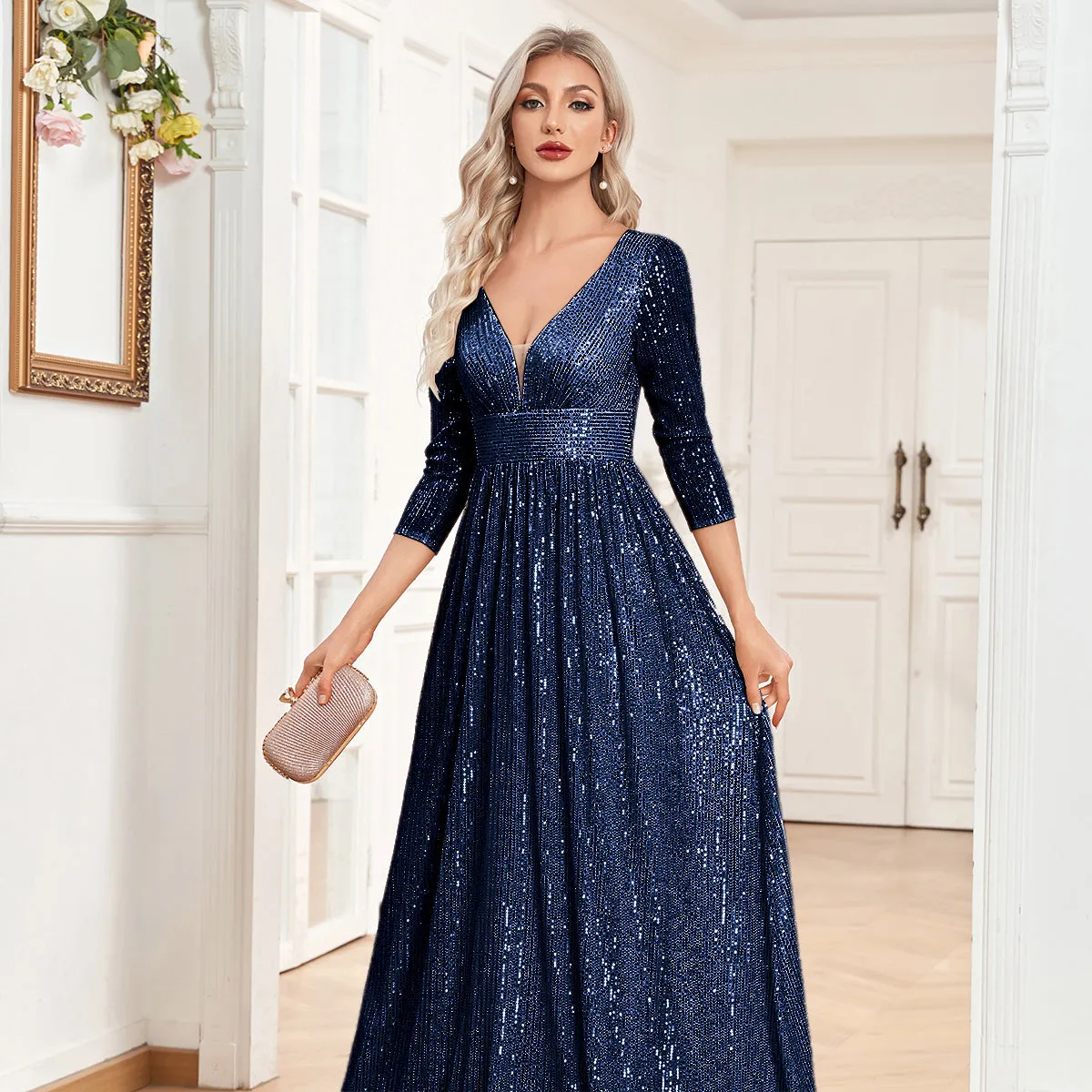 Sequin V-Neck Long Sleeveless A-Line Floor Length Navy Blue Prom/Evening Dress