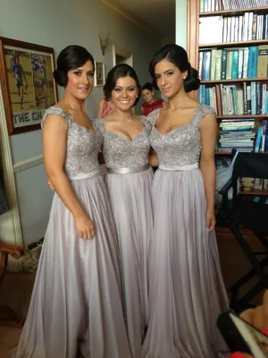 Sexy A Line Lace Chiffon Silver Bridesmaid Dresses