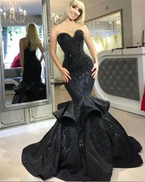 Sexy Black Mermaid Prom Dresses Ruffles 2018 Strapless Evening Gowns with Appliques Sequined Long Formal Dress