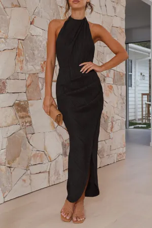 Sexy Solid Backless Fold Halter Sleeveless Dresses